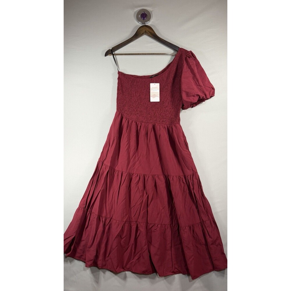 Fashion Womans One Shoulder Style Summer Dress Burgundy Elastic Top Dress Size L